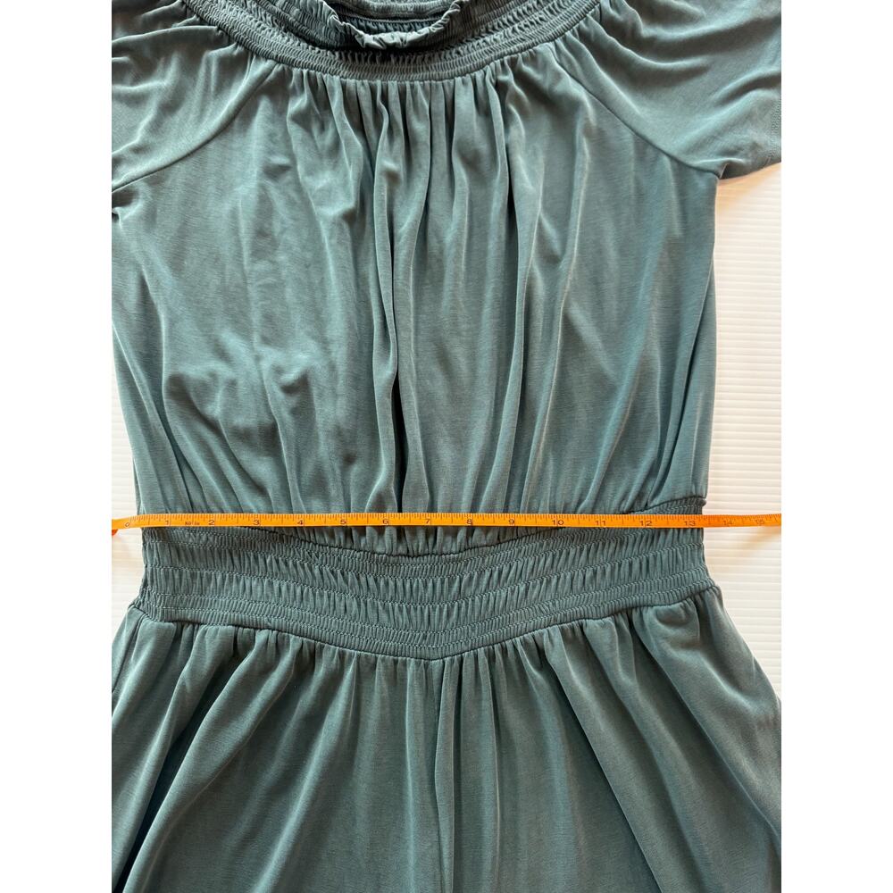Anthropologie Rebecca Smocked Wide Leg Jumpsuit Teal Women’s Medium Off Shoulder - Picture 15 of 16